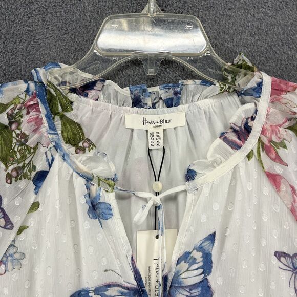 Haver & Blair London Top XL White Boho Floral Butterfly Blouse Tassel‎ Neck Tie - Picture 2 of 16